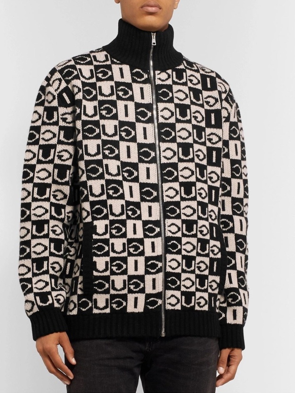 Gucci Black and off-white checkered zip up knit sweater